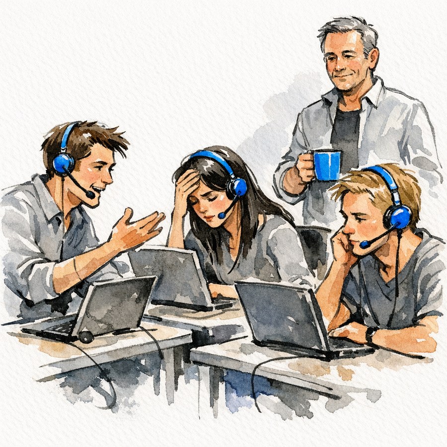 Three callers in headsets on a sales floor, one mid-pitch, one after a knock-back, a manager watching